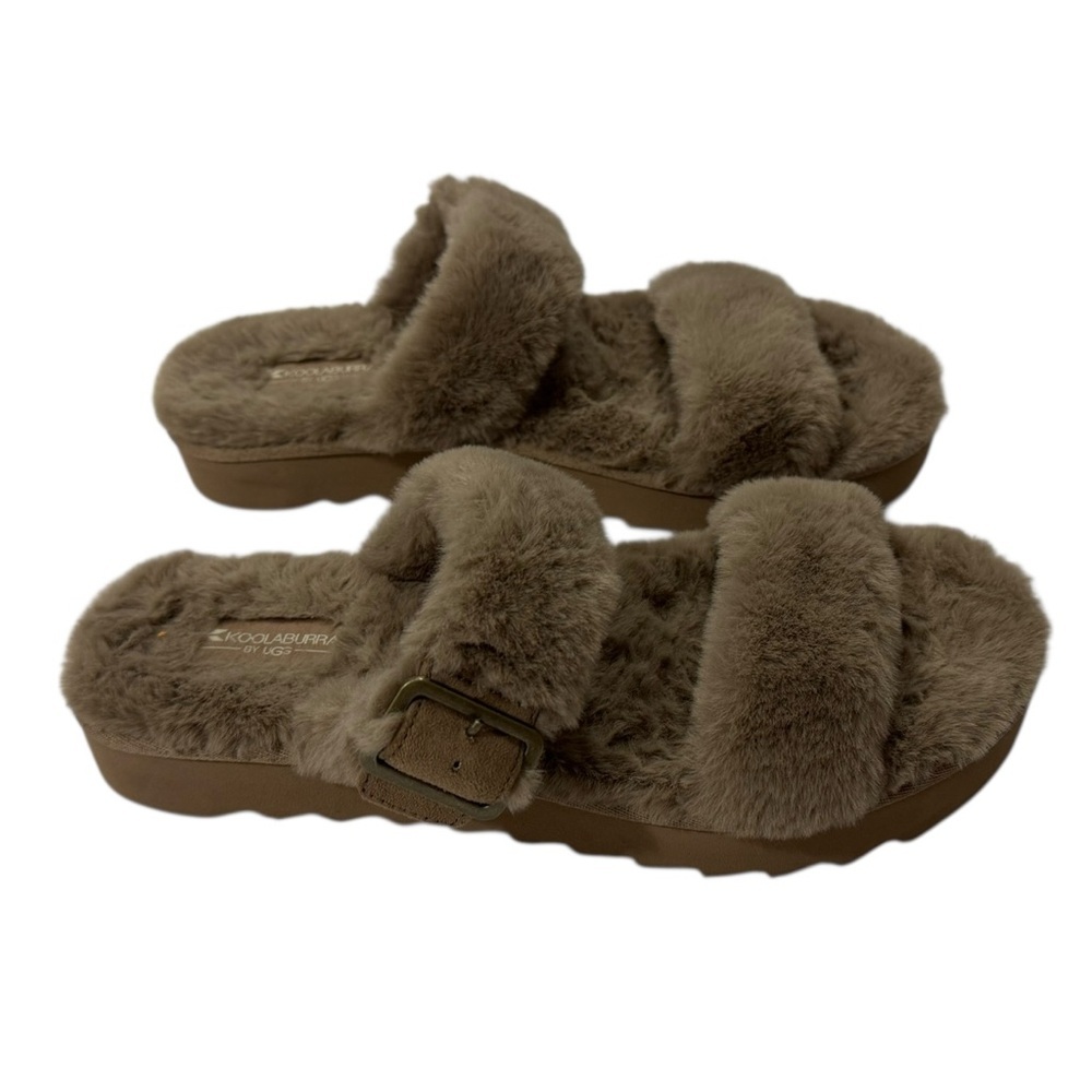 Koolaburra UGG Faux Fur Slide Sandals 1110213 Taupe Womens Sz10 Like NWOT